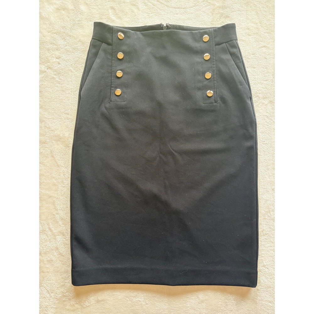 Ann Taylor Black Gold Button Sailor Pencil Skirt Womens 0 Excellent